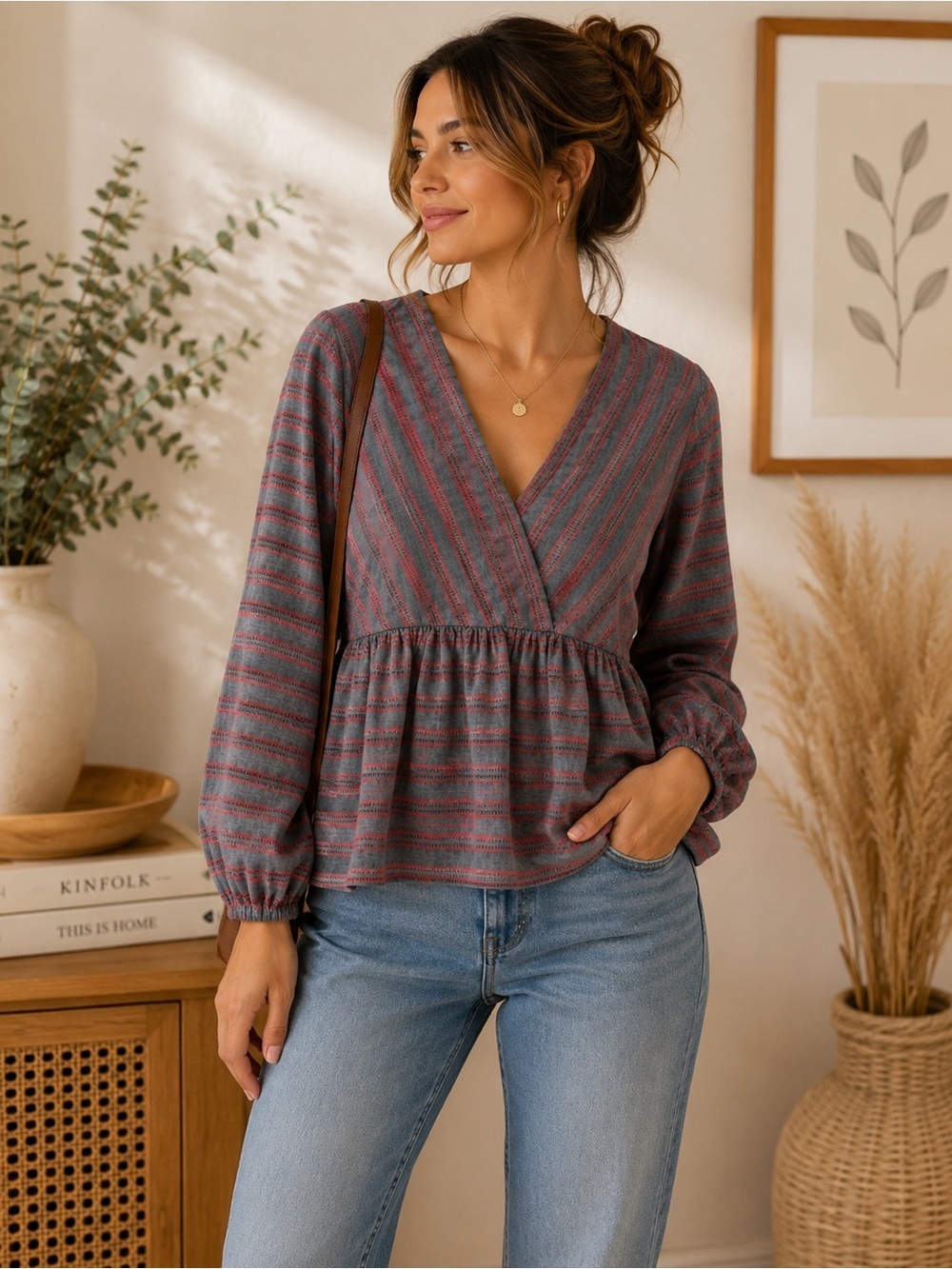 Madewell Gray and Red Striped V-Neck Peplum Blouse - Picture 3 of 3